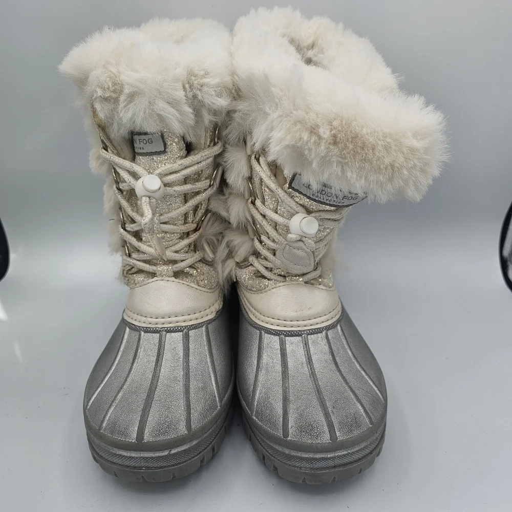 London Fog Girls Collection Winter Boots Sparkly Shine Fur Boots Gray white
